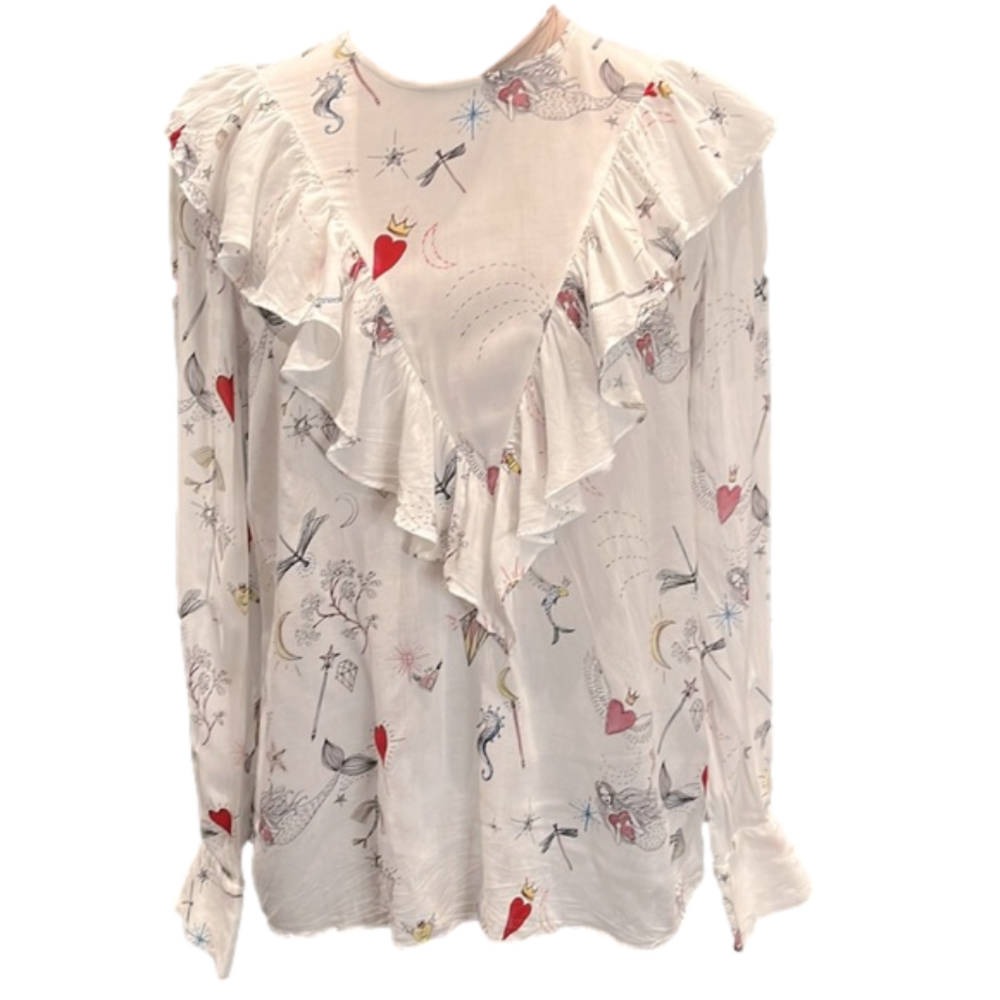 Zara Mermaid print Ruffle front long sleeved blouse Size S